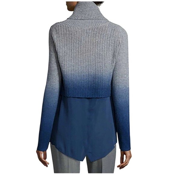 ELIE TAHARI L Sweater Popover Grey Blue Gradient Cashmere Silk Modernist Funnel - Picture 2 of 15
